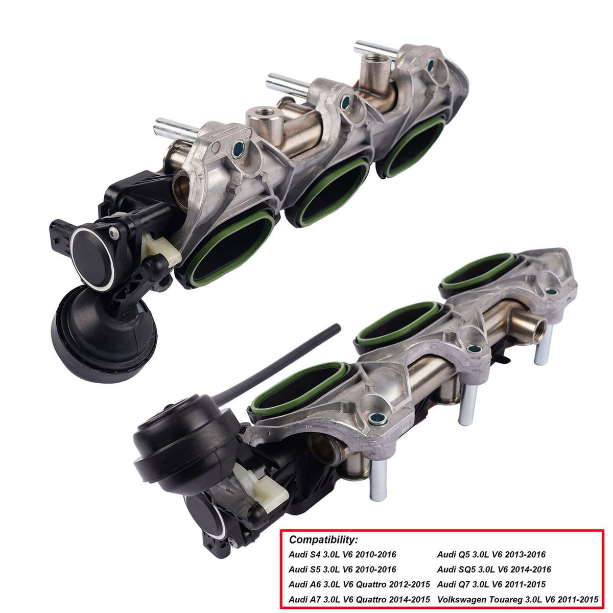 Intake manifold pair angled; silver housing with green ports and black hose boots