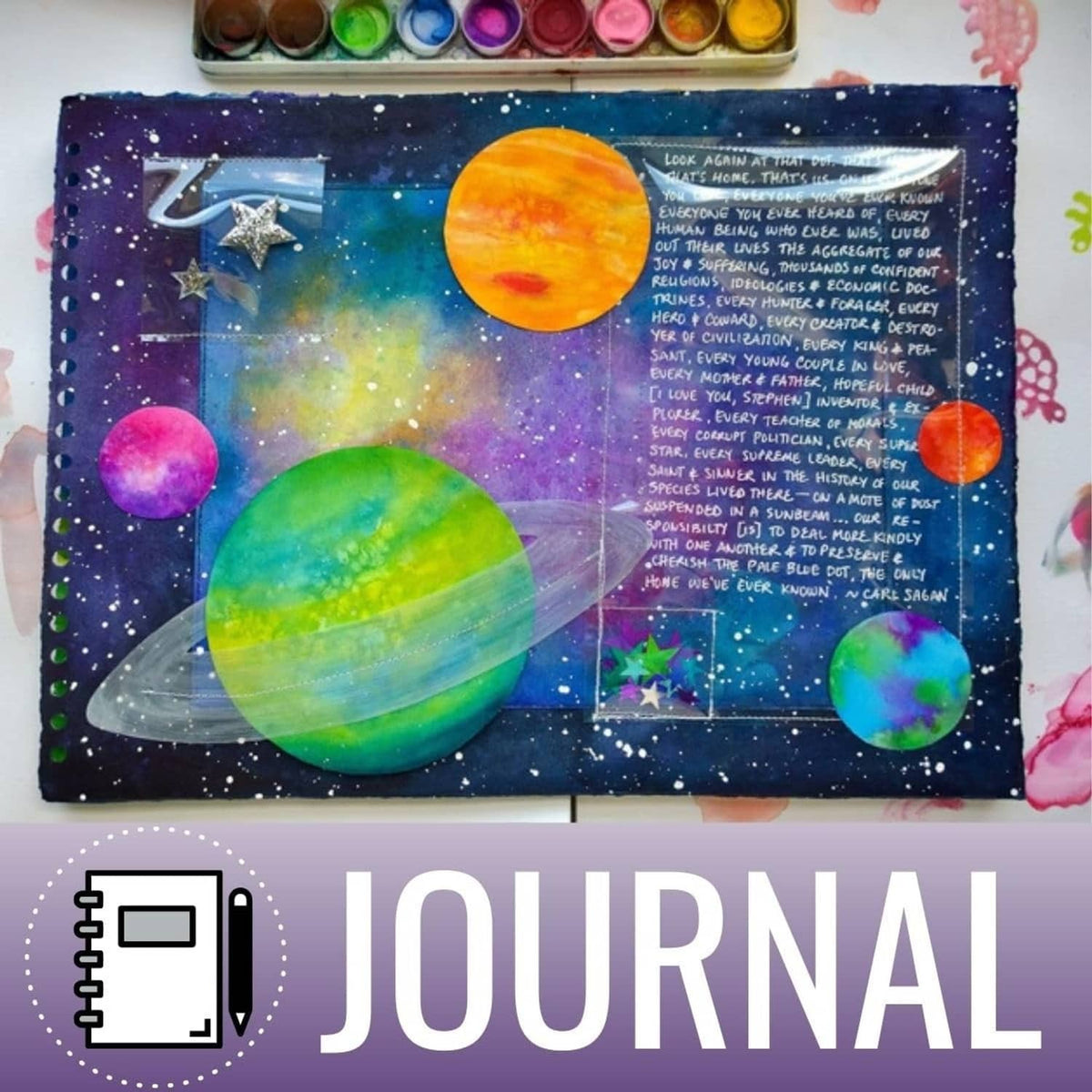 Clear craft mylar film sheet for journal projects, colorful space-themed artwork