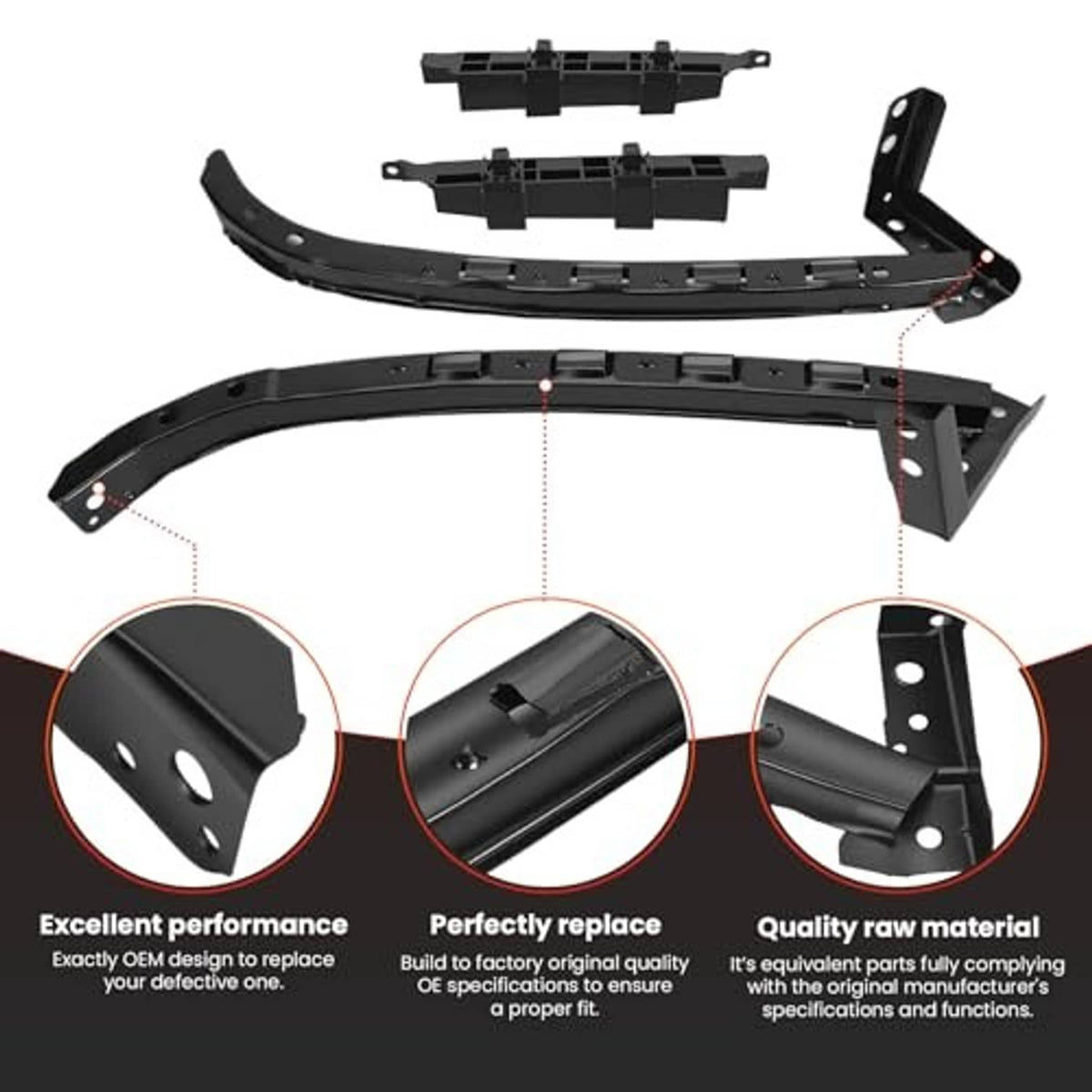 Black front bumper bracket retainer kit with curved bar, clips, and mounting plates