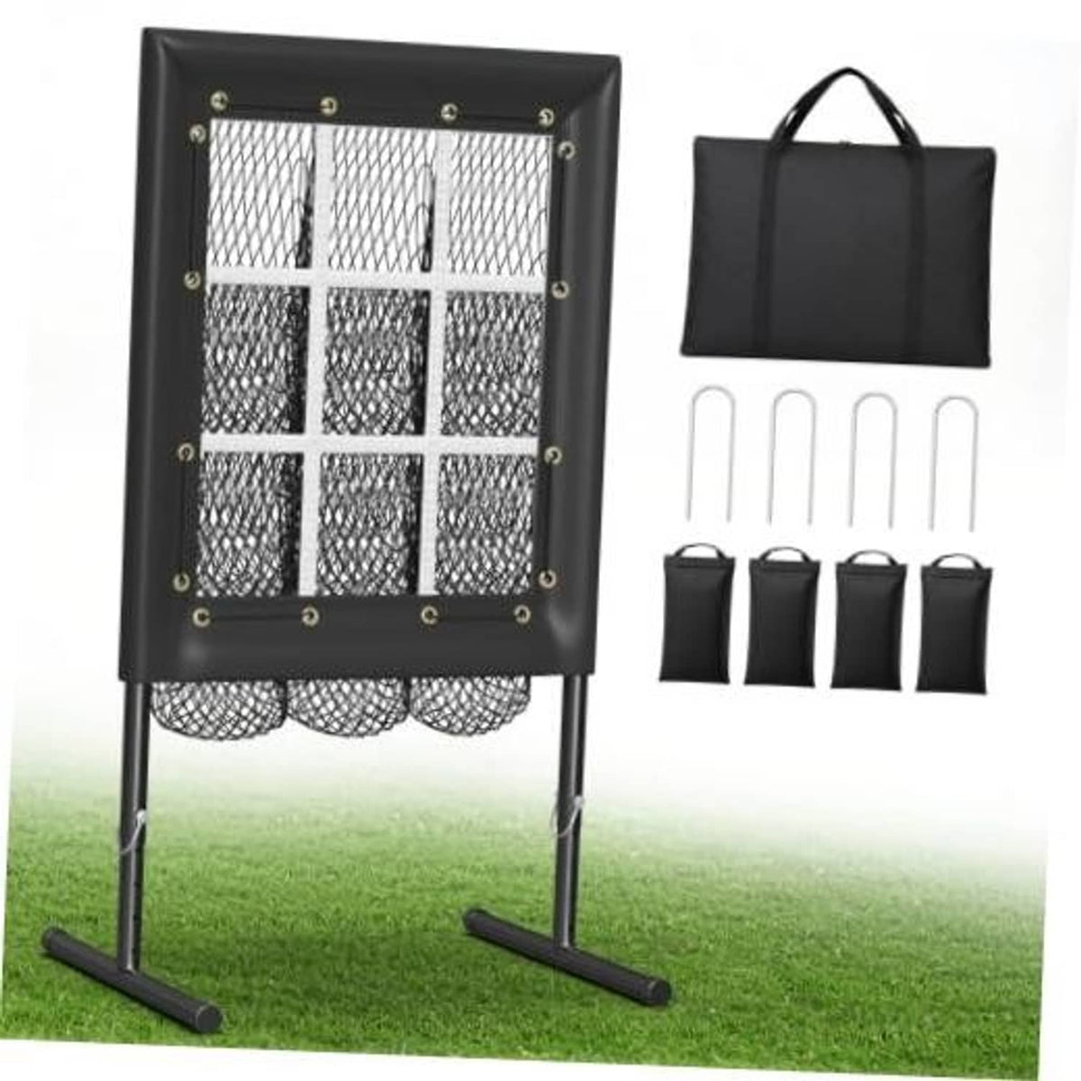 Baseball strike-zone pitching net with 9-hole grid, black carry bag and ground stakes