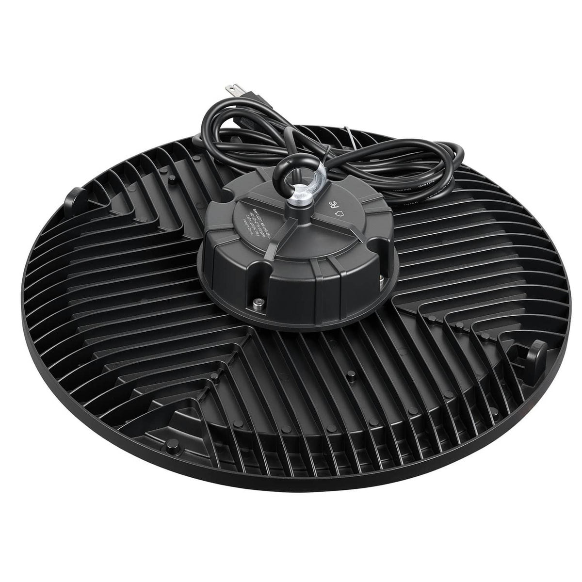 LED high bay light fixture with black metal housing and mounting canopy, with power wires
