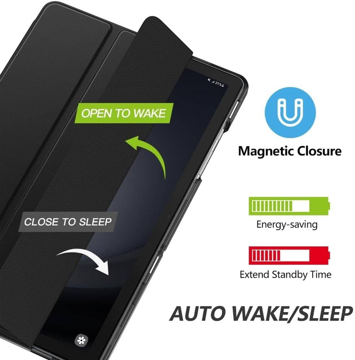 Black tablet folio case with magnetic closure for auto wake/sleep