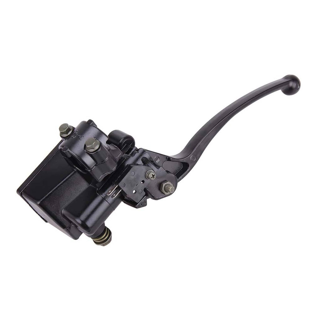 Brake master cylinder with lever and hydraulic line connection, angled view