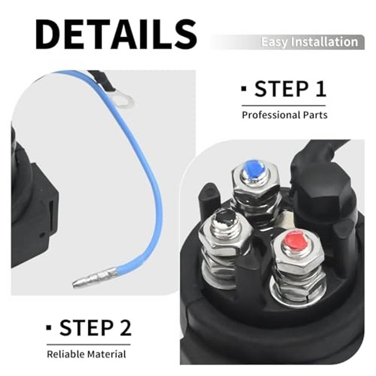 Close-up of black relay solenoid with red and blue terminal caps and wiring