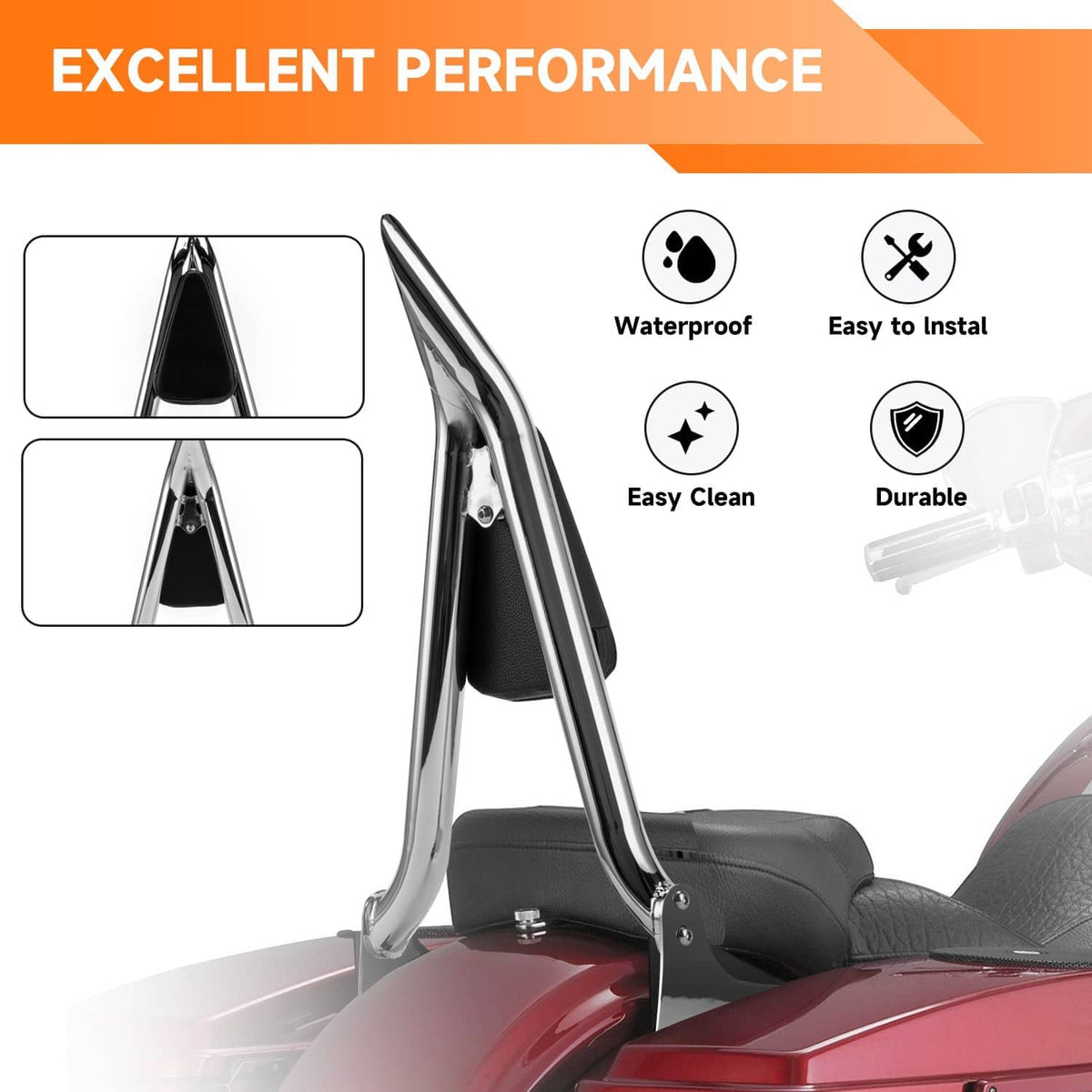 Chrome passenger backrest with black pad and curved side uprights