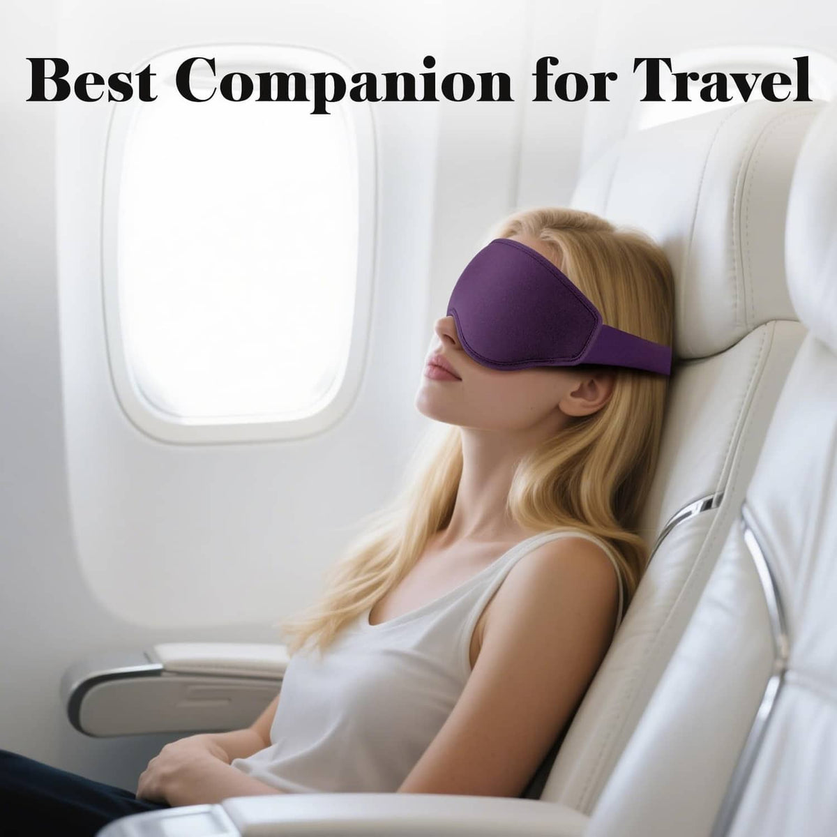 Purple sleep eye mask worn by woman seated near airplane window