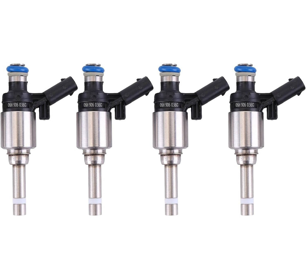 Set of four silver fuel injectors with blue seals and black electrical connectors