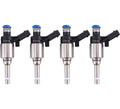 Set of four silver fuel injectors with blue seals and black electrical connectors