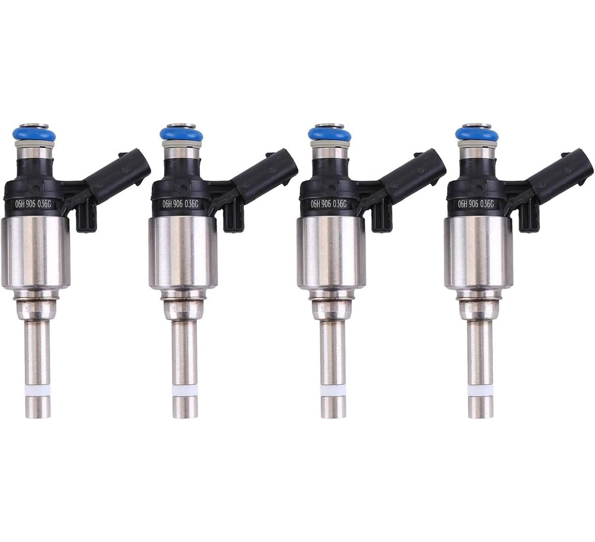 Set of four silver fuel injectors with blue seals and black electrical connectors