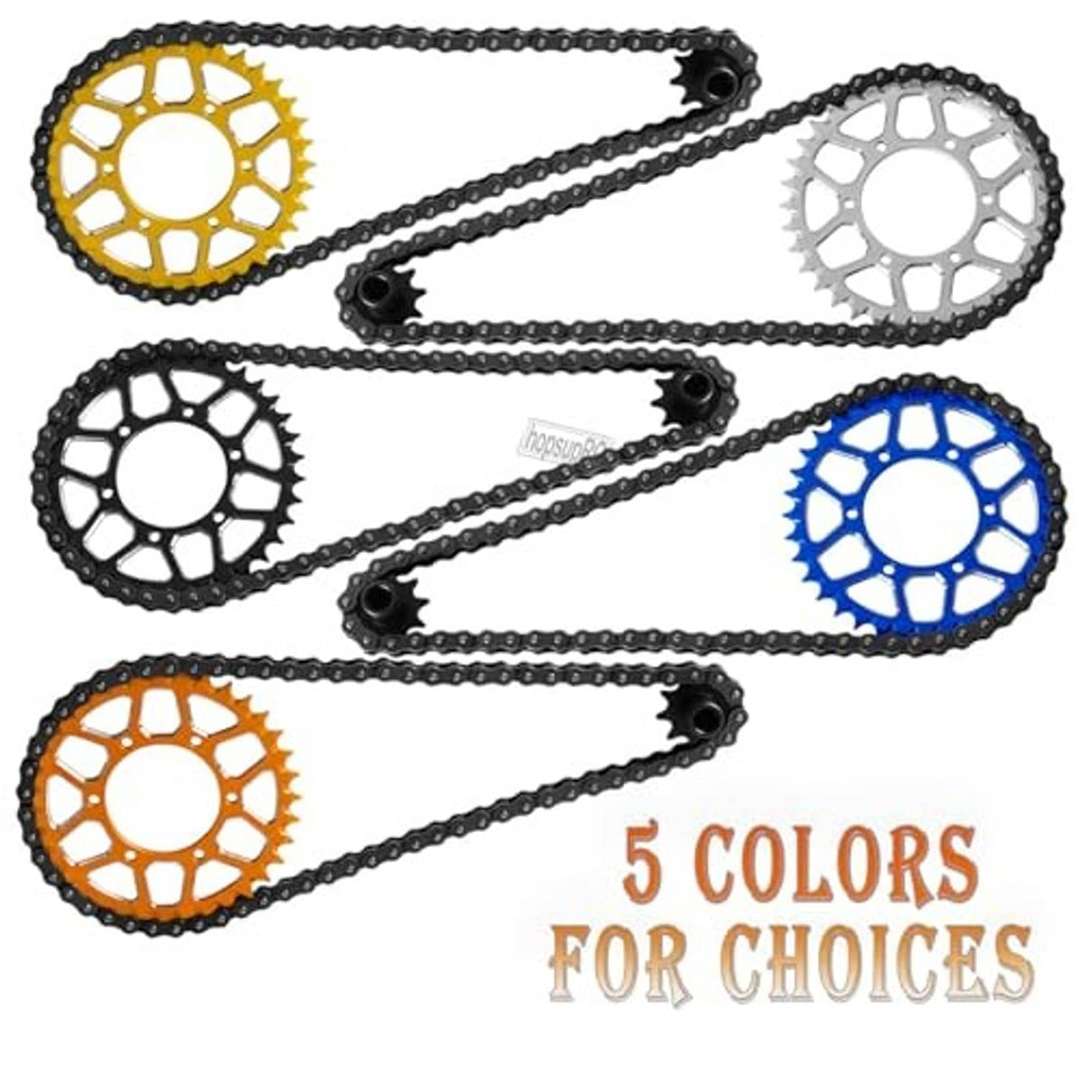Black chain with sprocket gears in gold, orange, blue, and silver colors