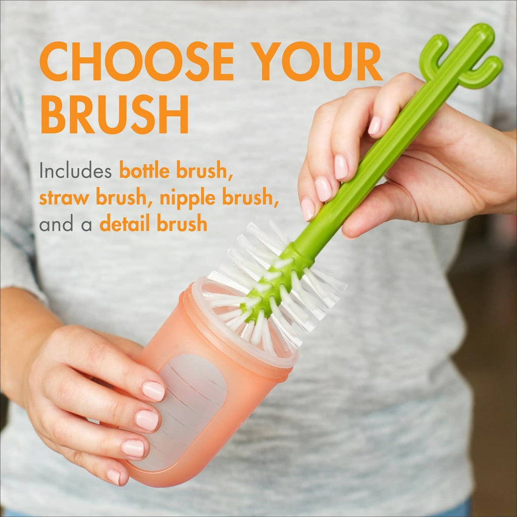 Green cactus bottle brush held in hand with white bristle head