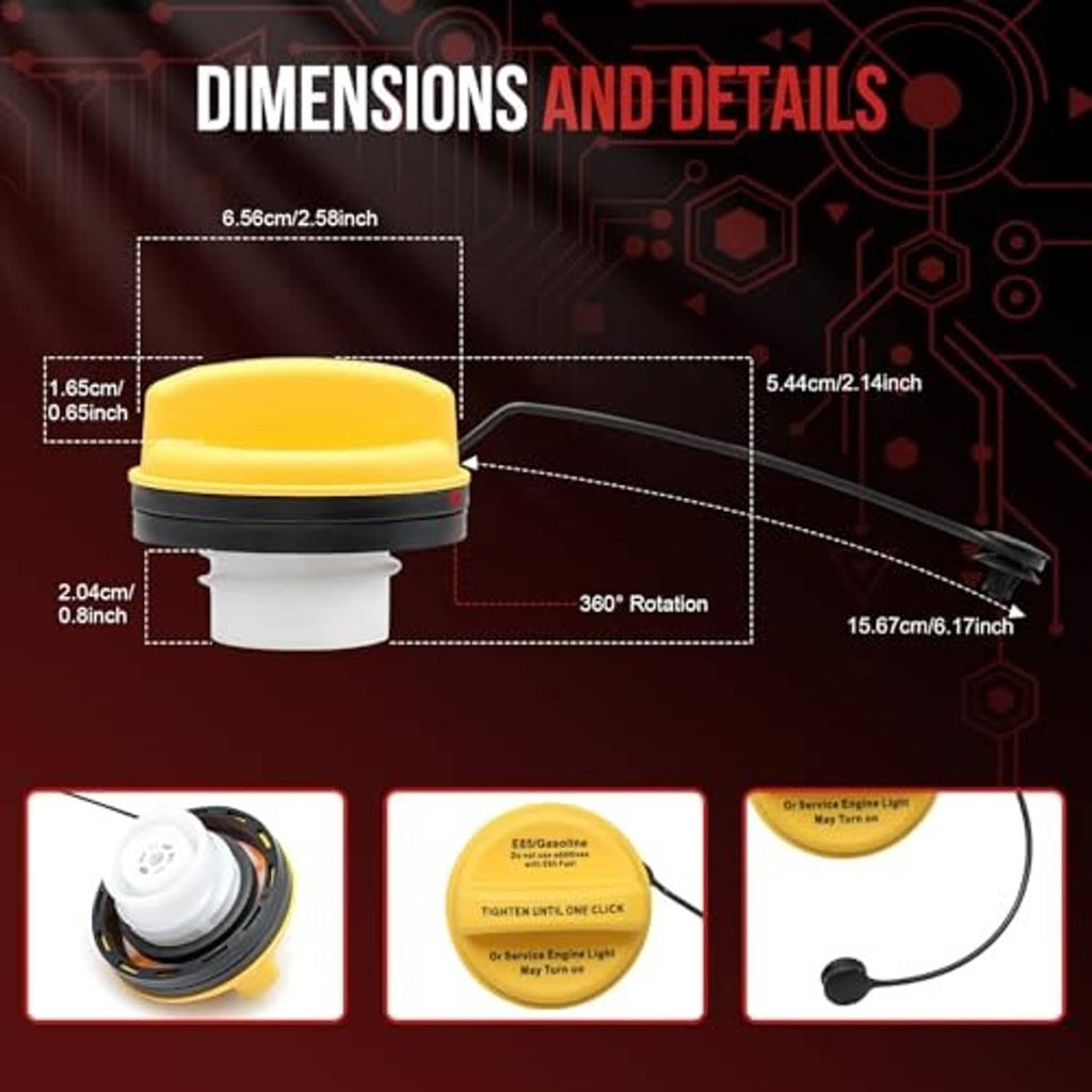 Yellow fuel tank gas cap with black base and tether cord, with dimension diagram