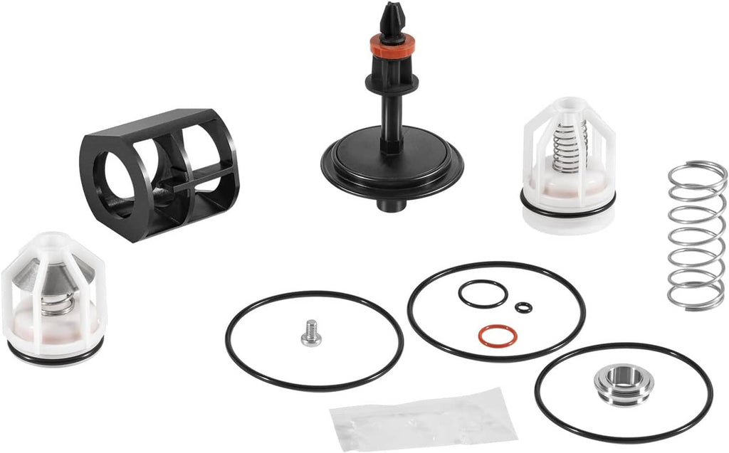 Backflow preventer repair kit parts set: black housing, white caps, springs, O-rings, gaskets