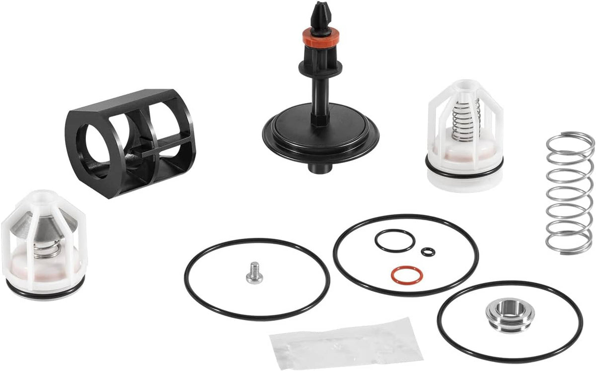Backflow preventer repair kit parts set: black housing, white caps, springs, O-rings, gaskets
