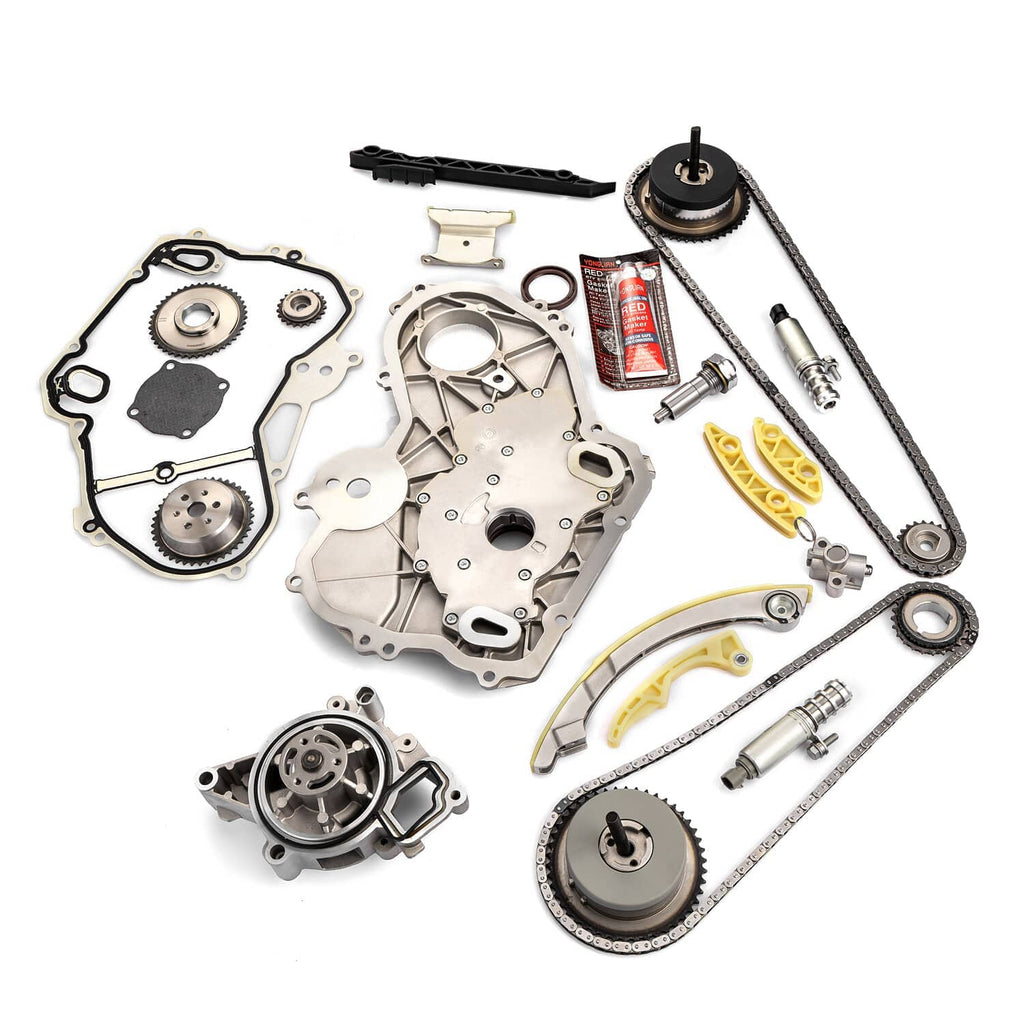 Timing chain kit components with water pump, gears, guides, tensioner parts, and bolts