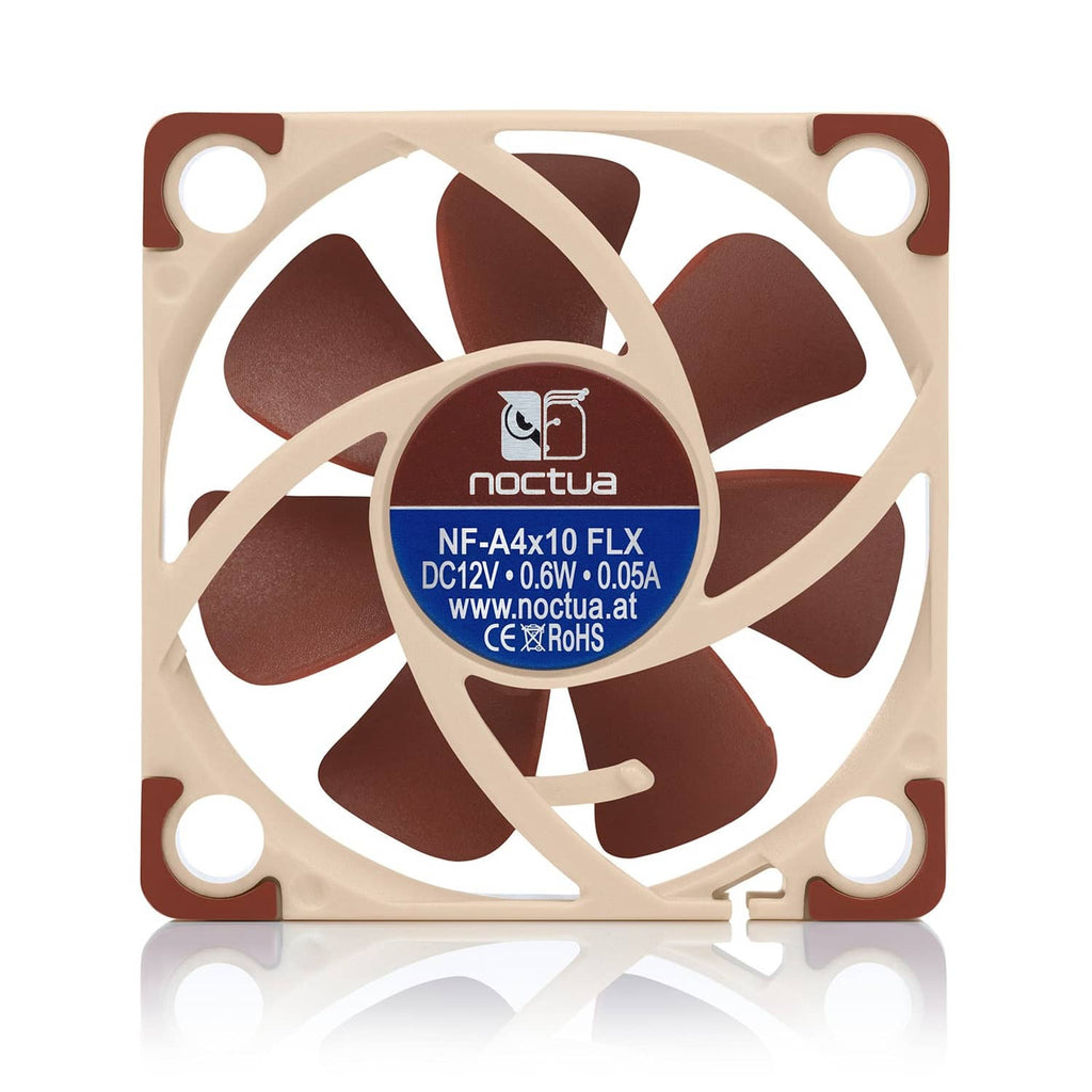 Brown PC case fan with hub label on cream frame, four blades and corner mounting holes