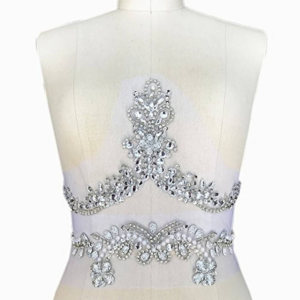 Rhinestone and crystal beaded V-neck neckline trim with central floral drop and swirls