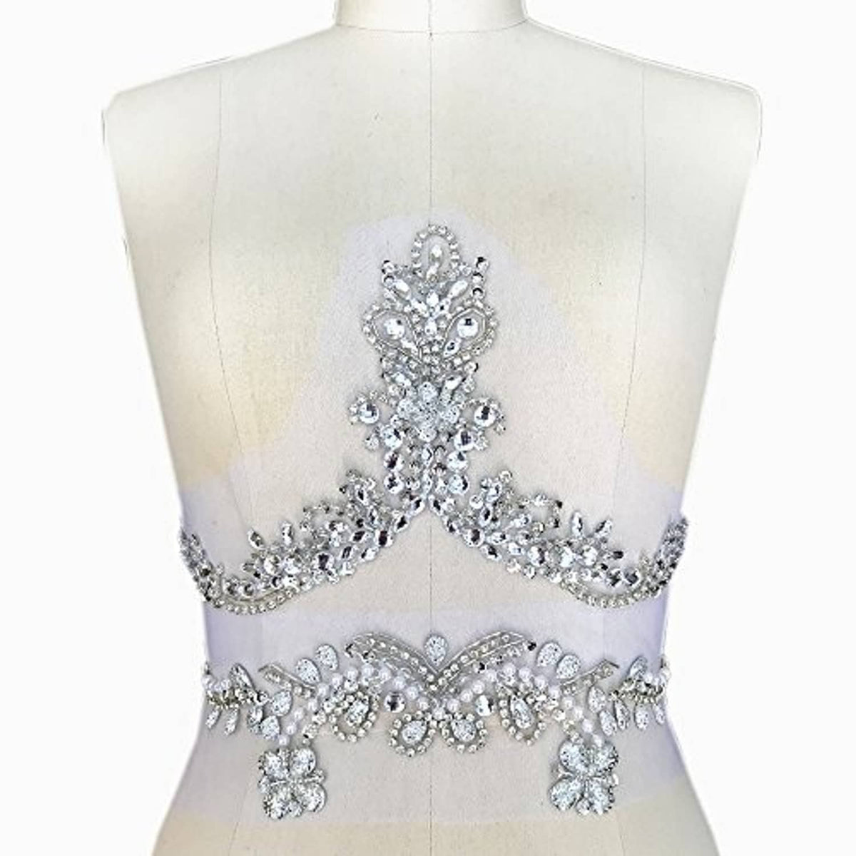 Rhinestone and crystal beaded V-neck neckline trim with central floral drop and swirls