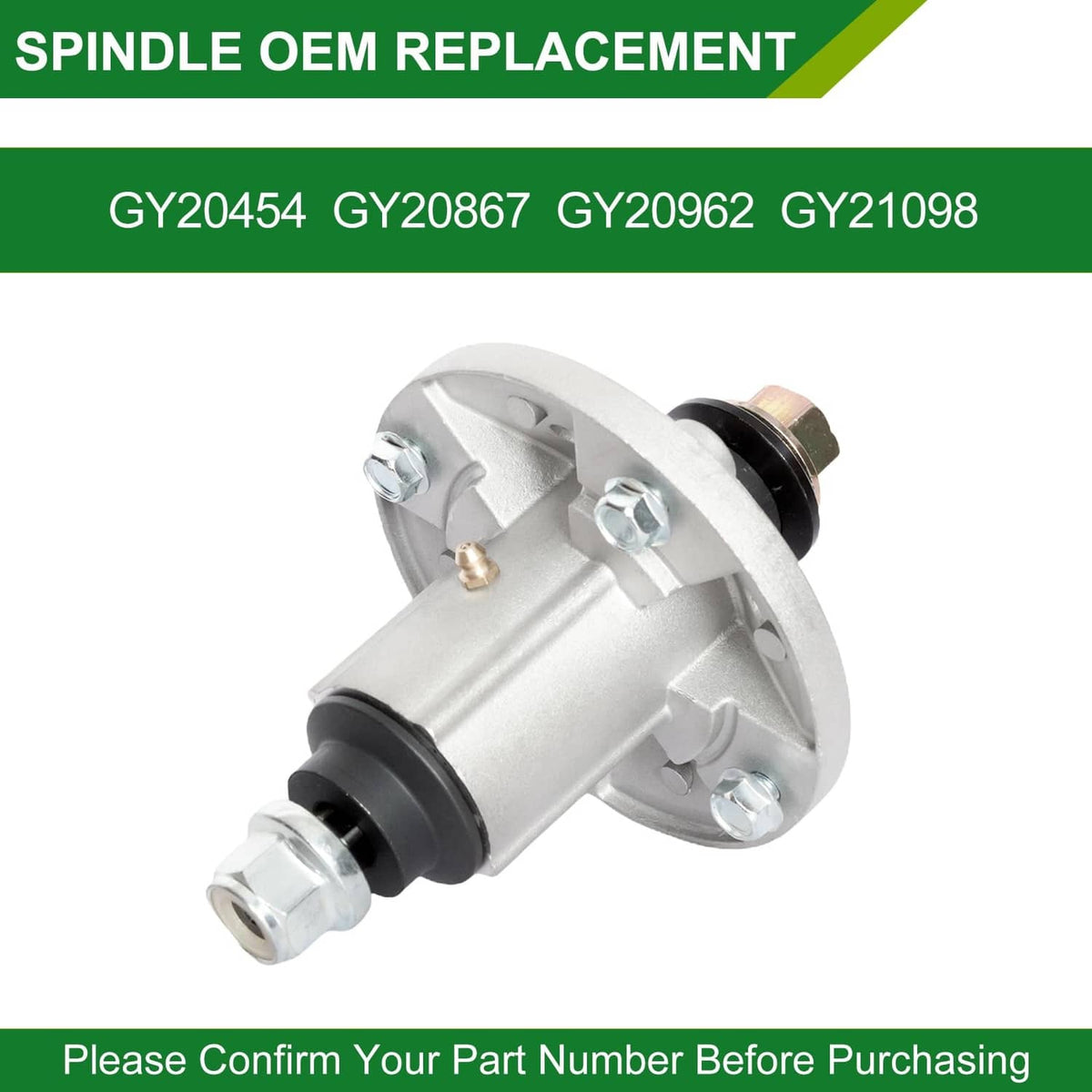 Mower spindle OEM-style replacement with silver housing and black rubber bushing