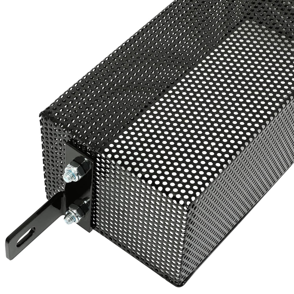 Black perforated mesh tray with end bracket attachment and bolt hardware
