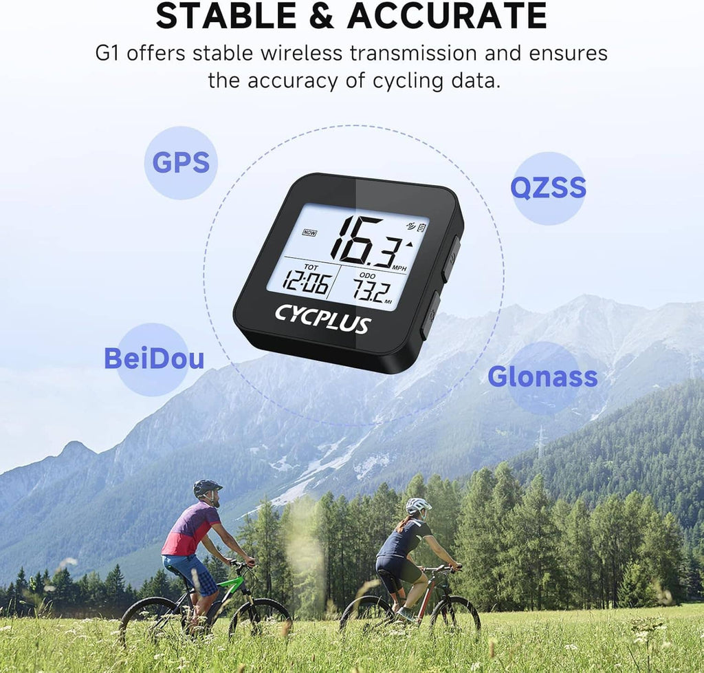 GPS bike computer showing ride stats on LCD with GPS positioning icons
