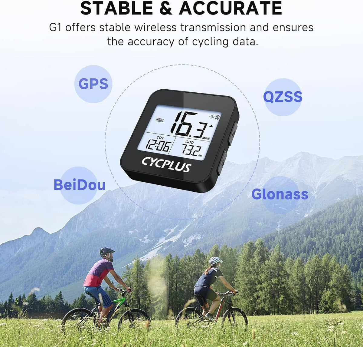 GPS bike computer showing ride stats on LCD with GPS positioning icons