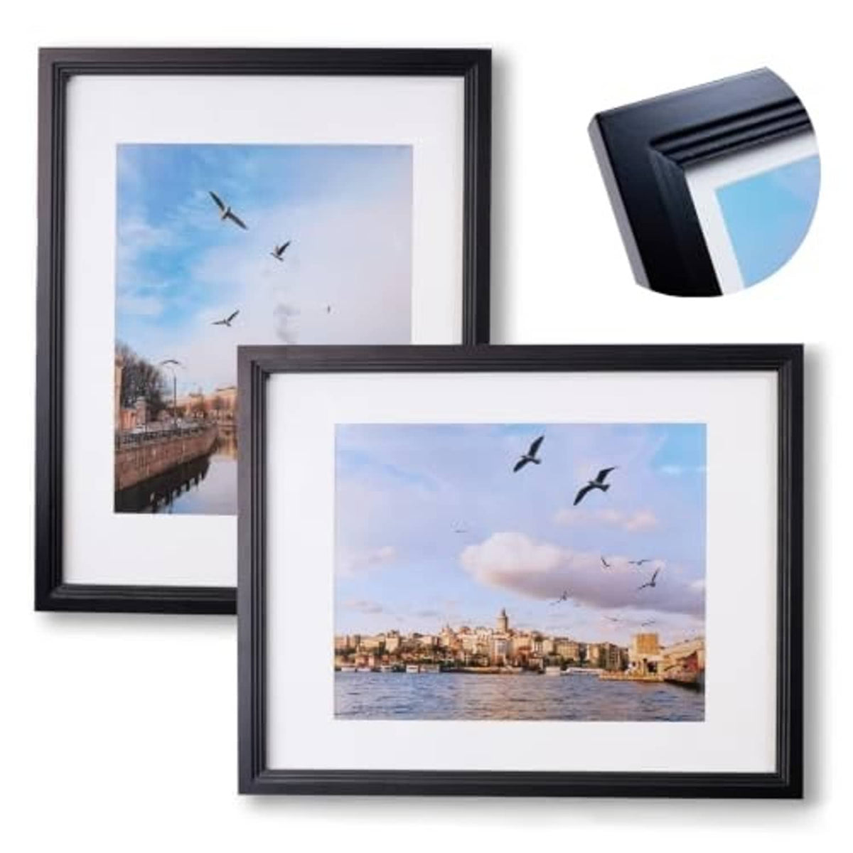 Black 11x14 wooden picture frame set, two frames from front and angled view