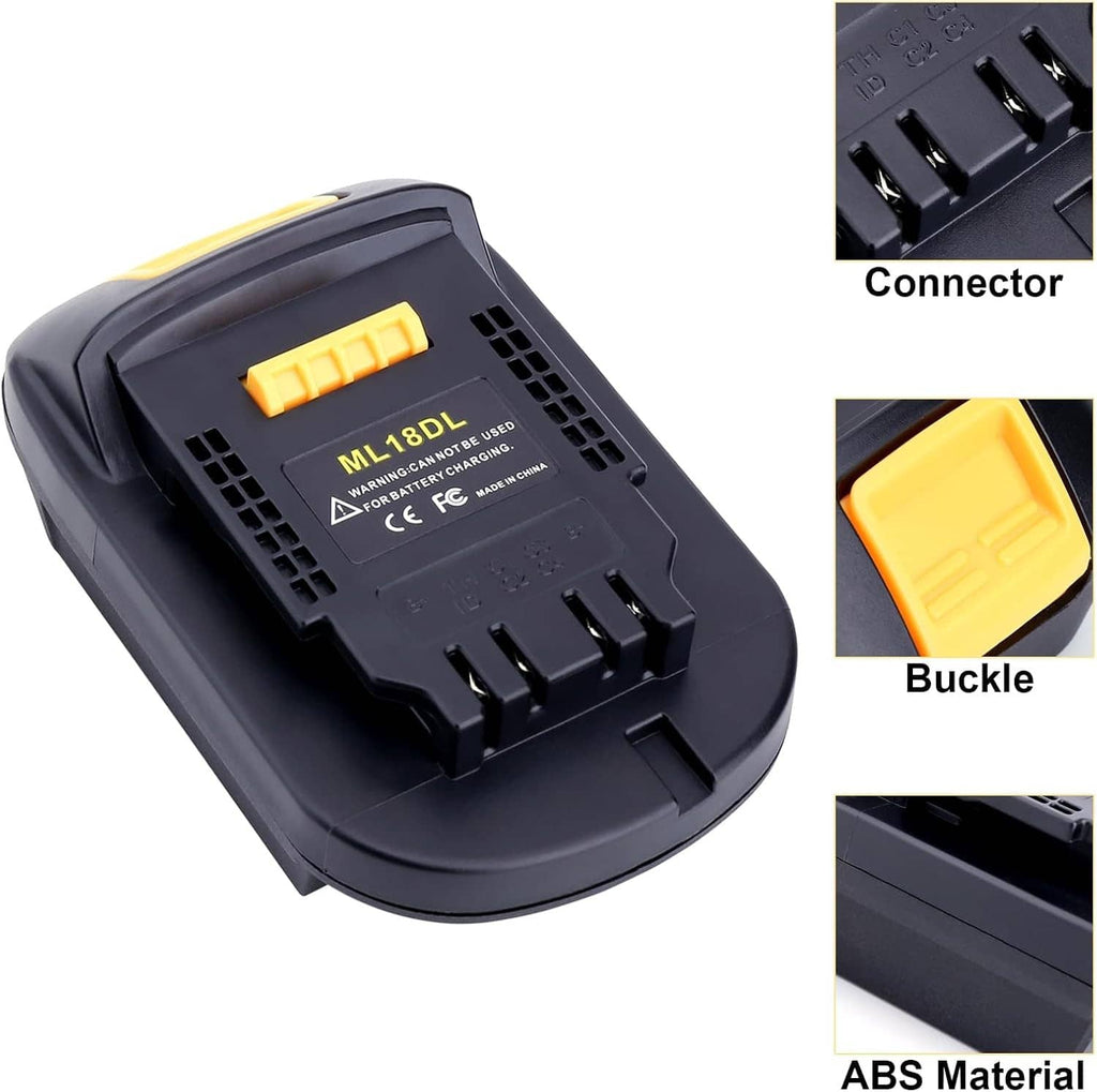 ML18DL battery adapter top view with yellow buckle, vented vents, and contact pins