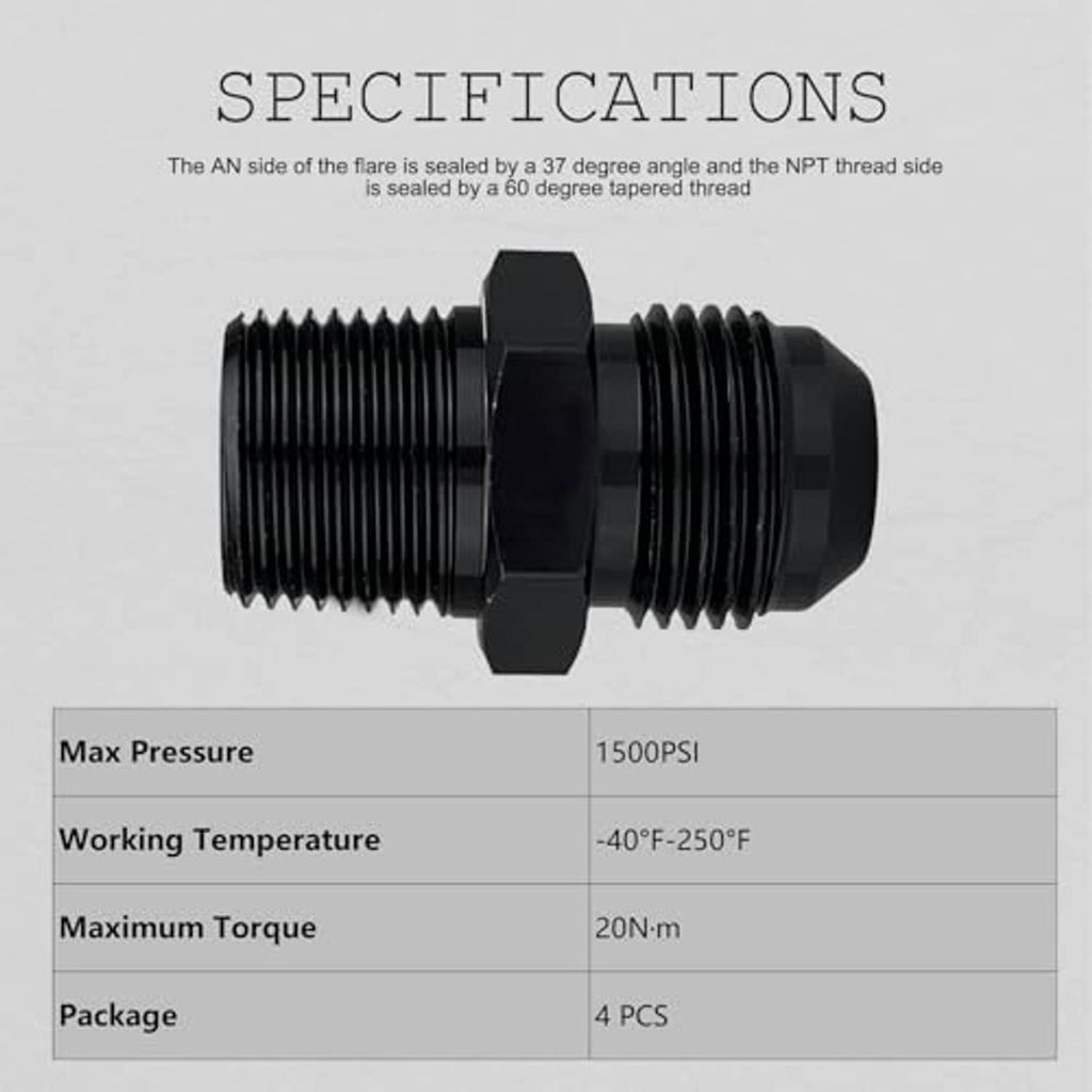 Black AN10 male flare to 3/4 NPT straight connector with dimension diagram