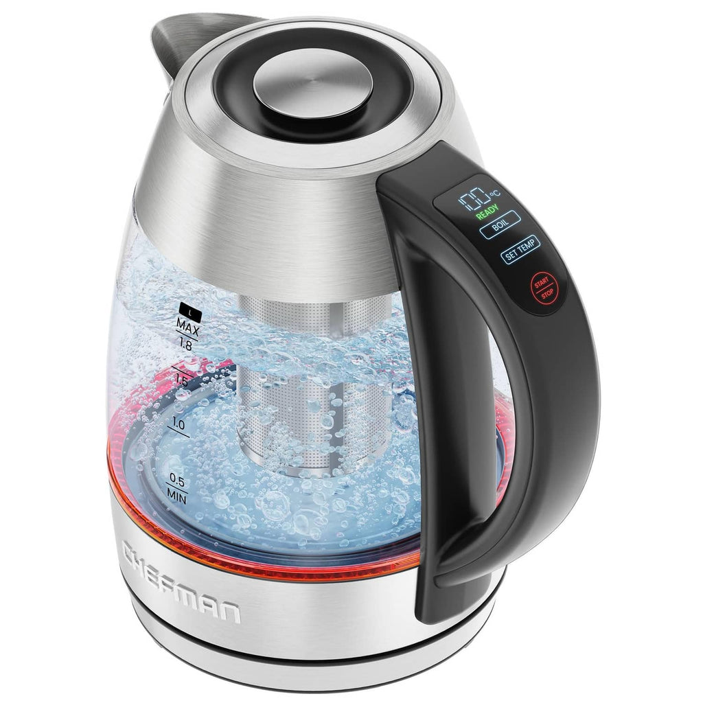 Stainless steel electric kettle with black handle and digital control panel, 1.8L.