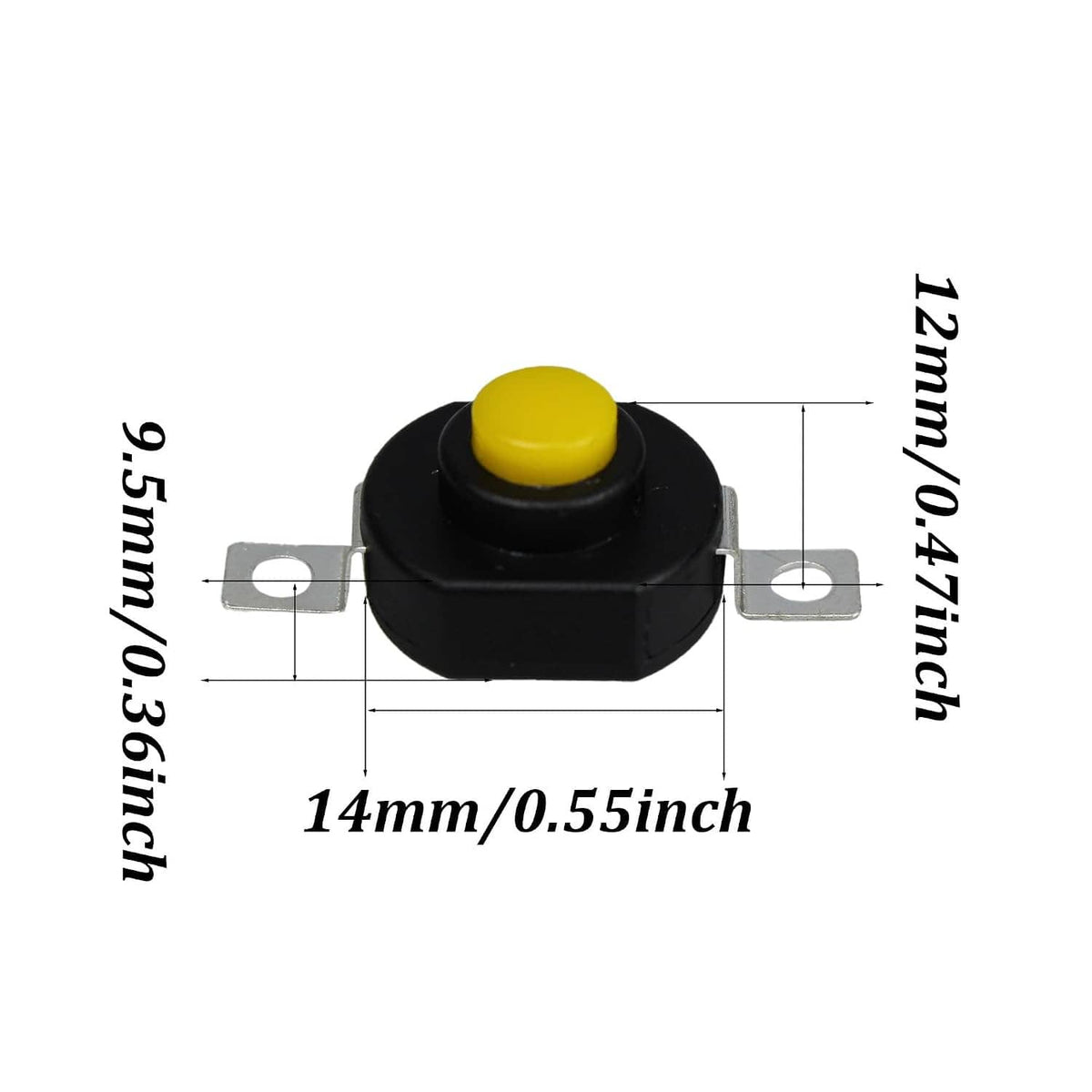 Mini latching push button switch with yellow cap, black housing; 14mm size, metal terminals