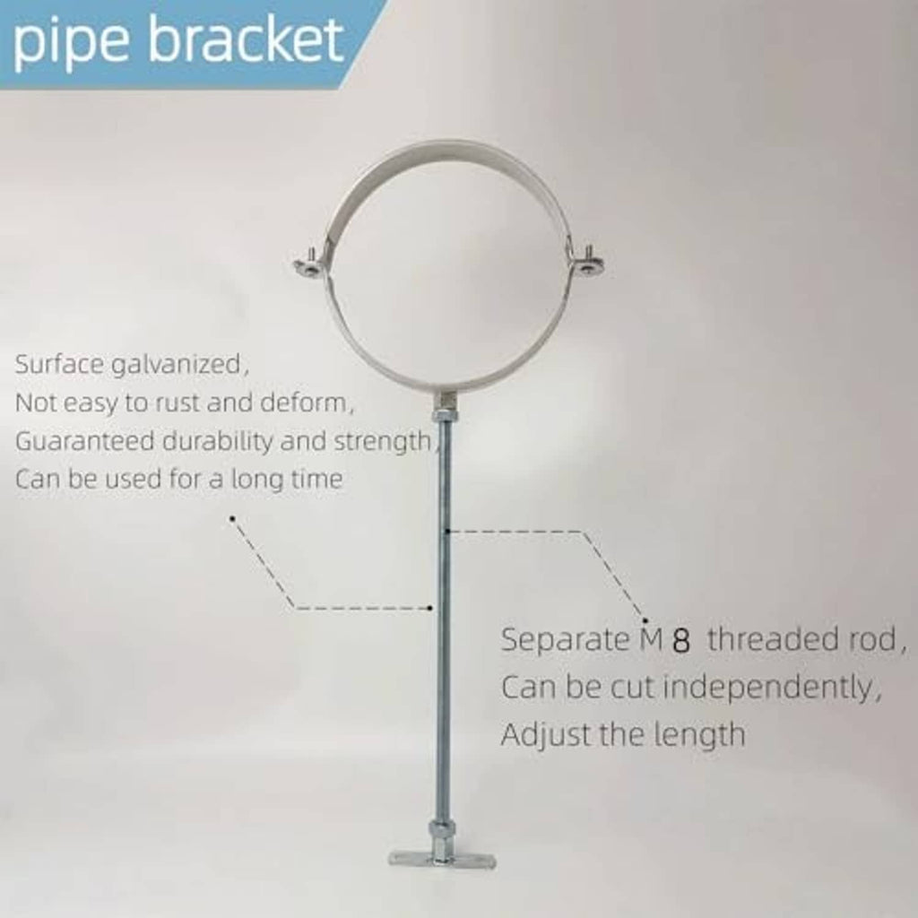 Galvanized pipe bracket hanger with rubber-lined circular clamp and M8 threaded rod base