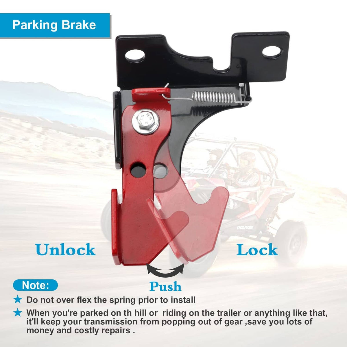 Red and black spring parking brake latch bracket showing lock and unlock positions
