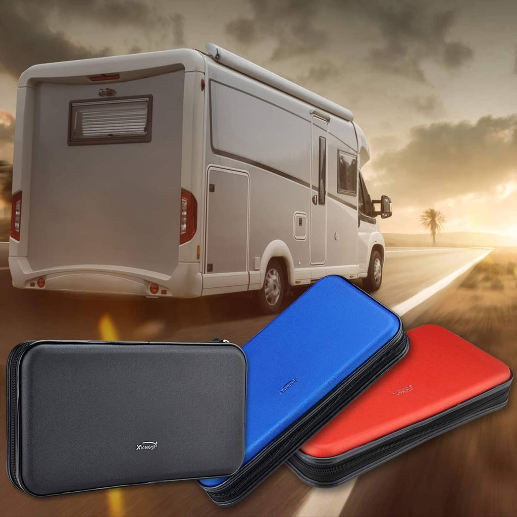 DVD case wallet set in black, blue, and red with zipper closures, stacked.