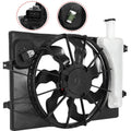 Radiator cooling fan assembly with black fan blades and white coolant reservoir tank