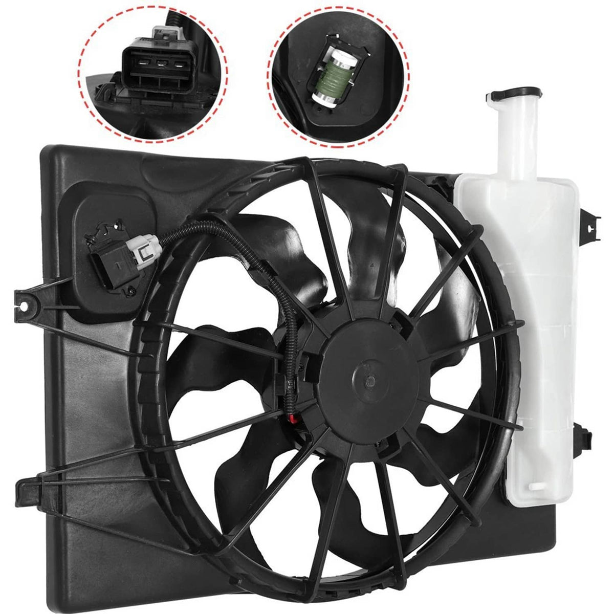 Radiator cooling fan assembly with black fan blades and white coolant reservoir tank