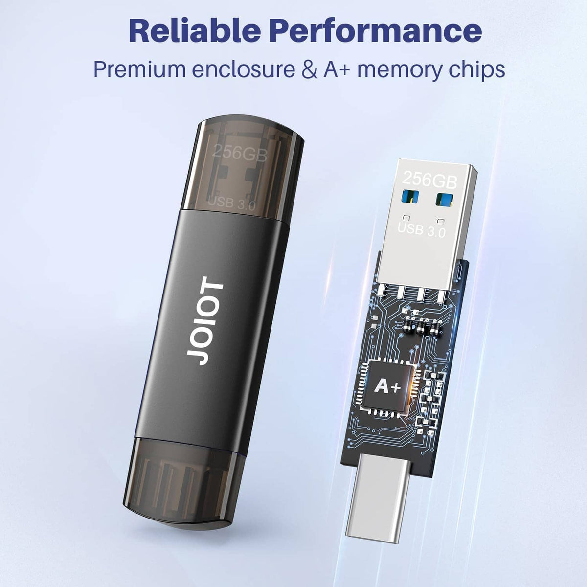 Black dual USB flash drive with exposed internal circuit on USB-A side