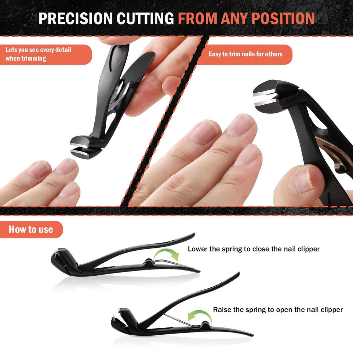 Angled toenail clipper cutting head near fingernails, precision close-up