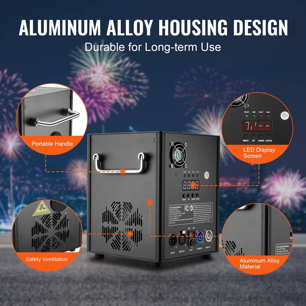Black cold spark firework machine with side handle and LED display screen detail