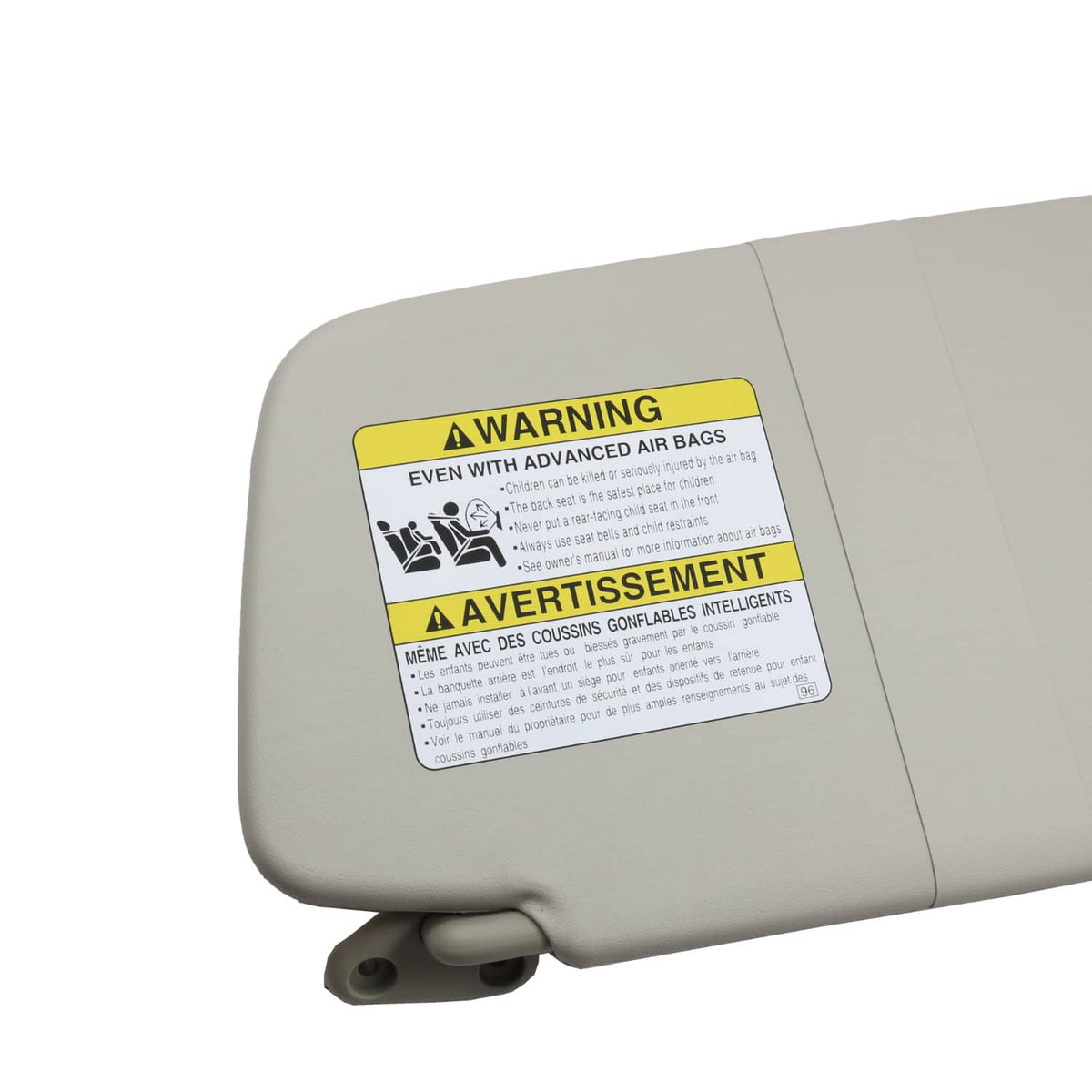 Gray sun visor with warning and label sticker on front panel