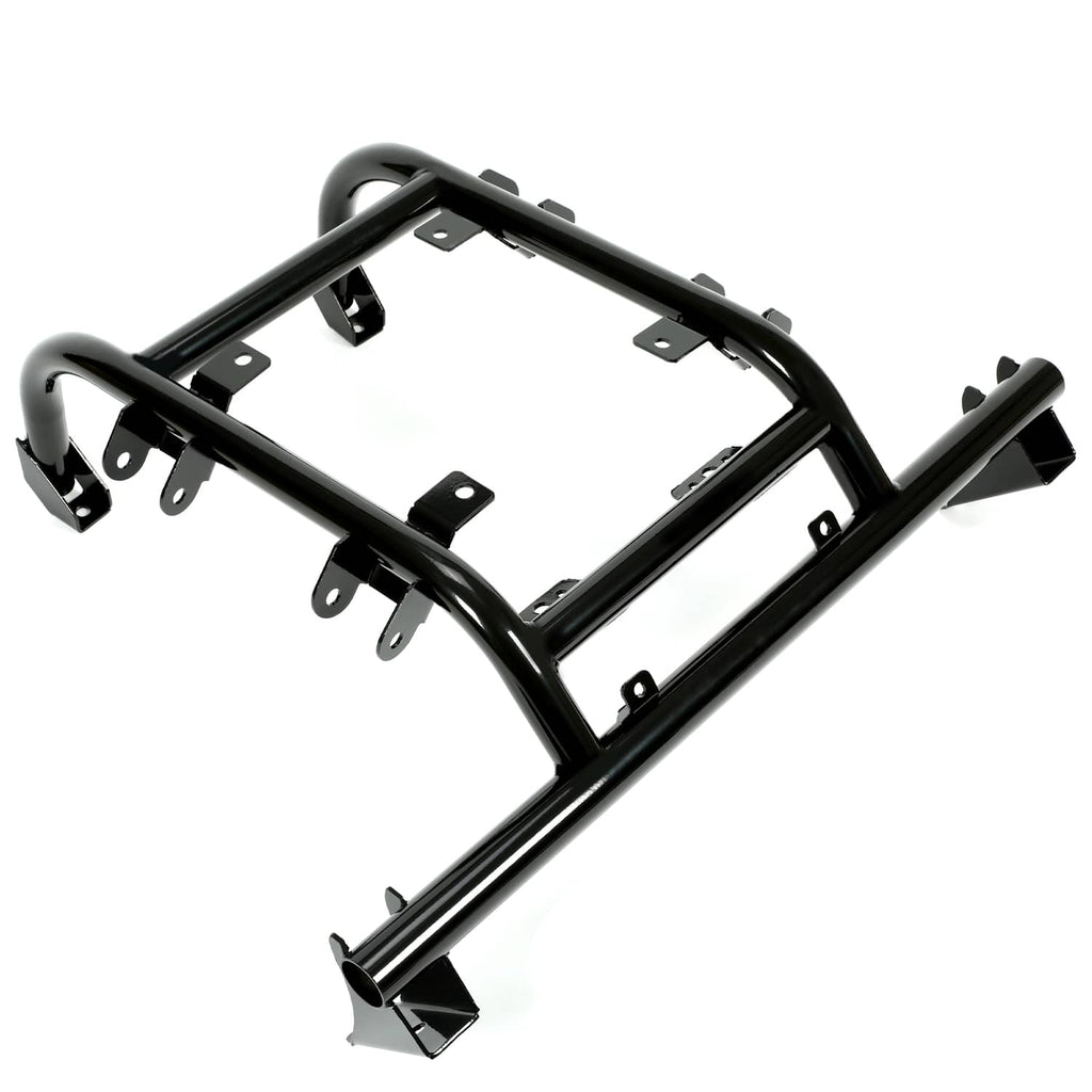 Powder-coated black lift frame bracket assembly with curved handles and mounting plates