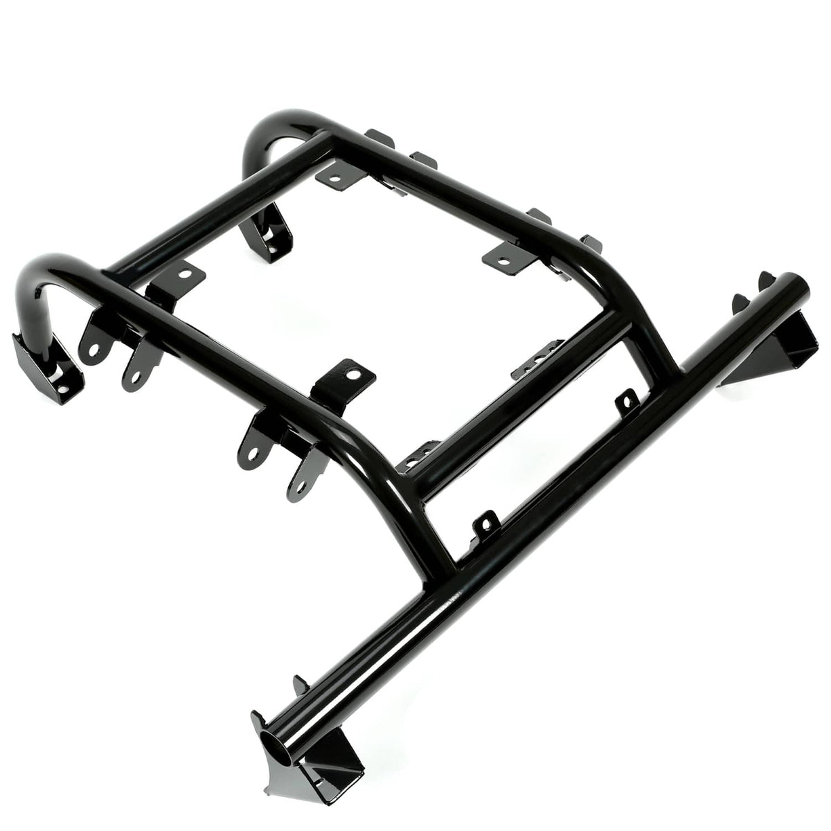Powder-coated black lift frame bracket assembly with curved handles and mounting plates
