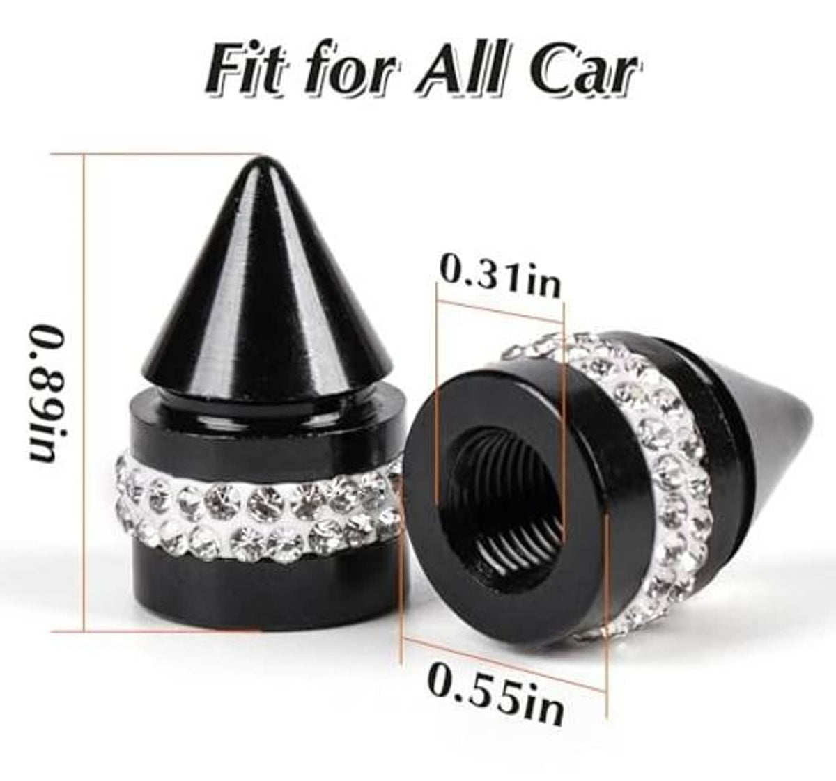 Black cone tire valve cap with silver rhinestone band and visible threaded opening