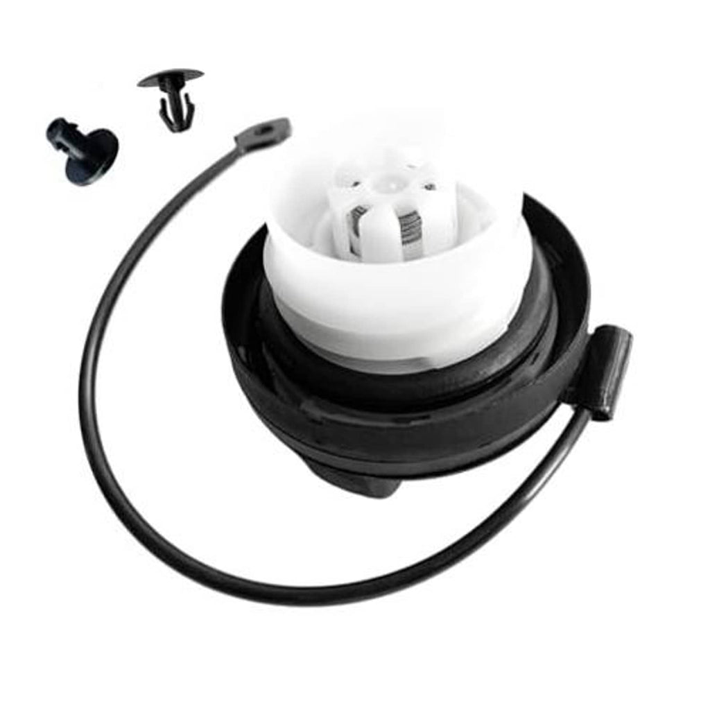 White/black fuel gas cap assembly with mounting tabs and tether cable