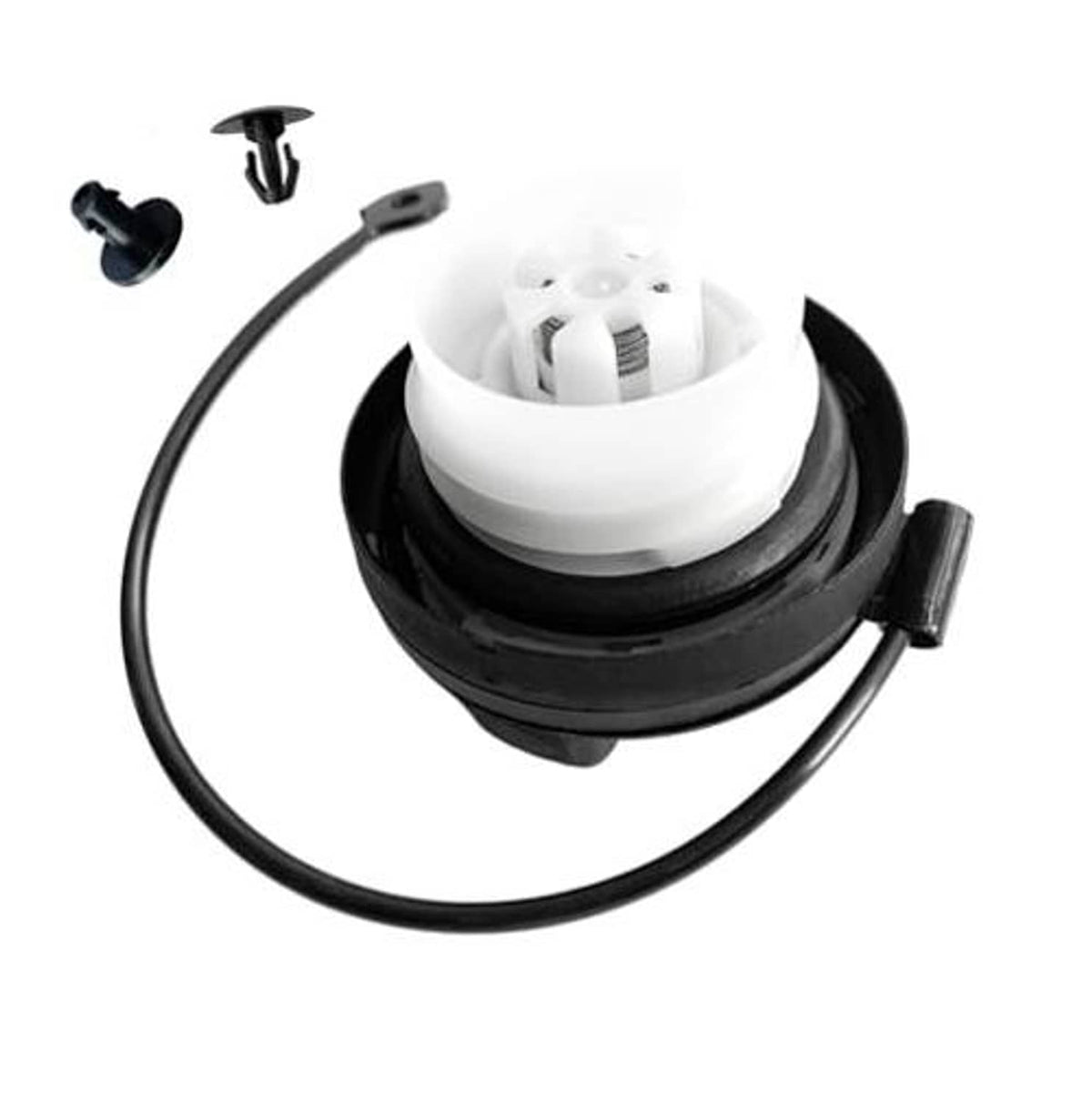 White/black fuel gas cap assembly with mounting tabs and tether cable