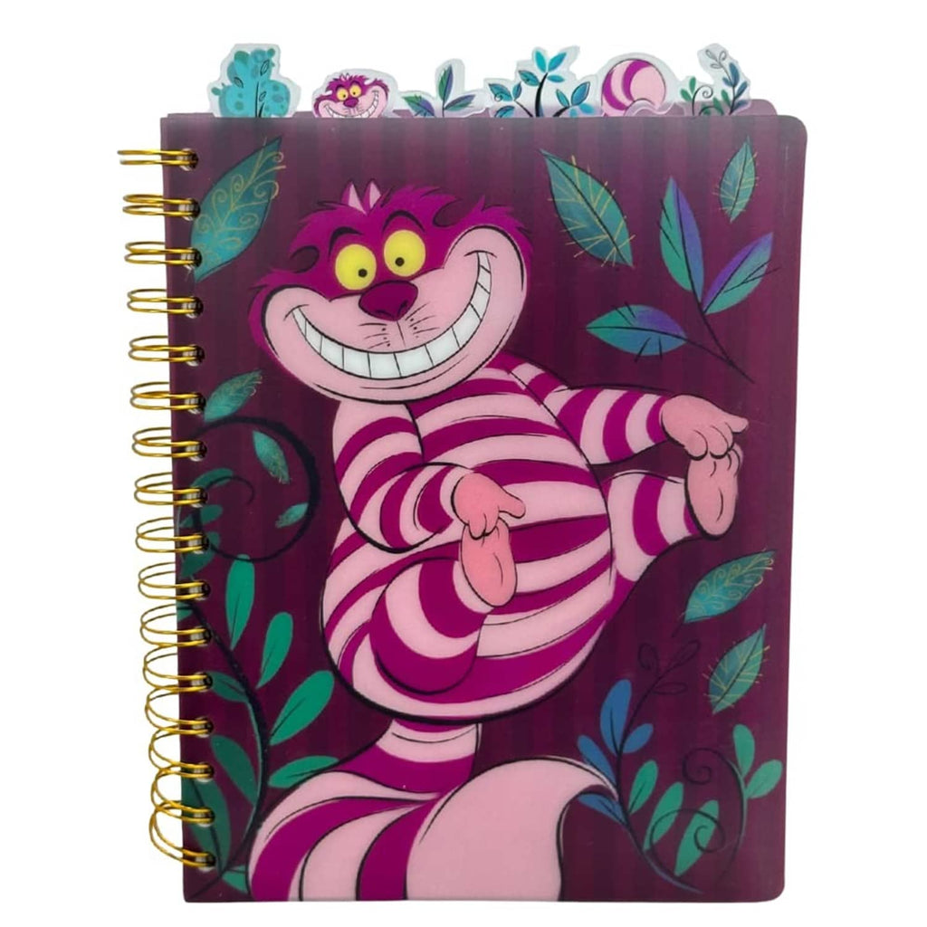 Spiral bound lined notebook with Cheshire Cat purple striped cover and gold rings