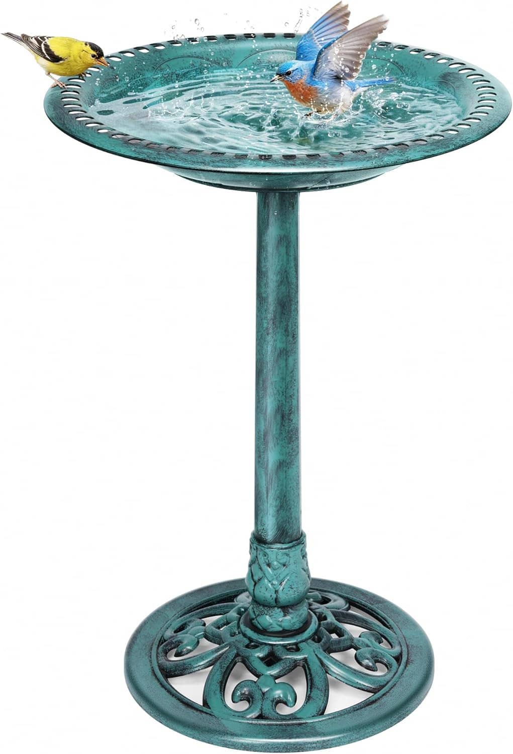 Green polyresin pedestal birdbath with shallow basin and decorative circular base, birds