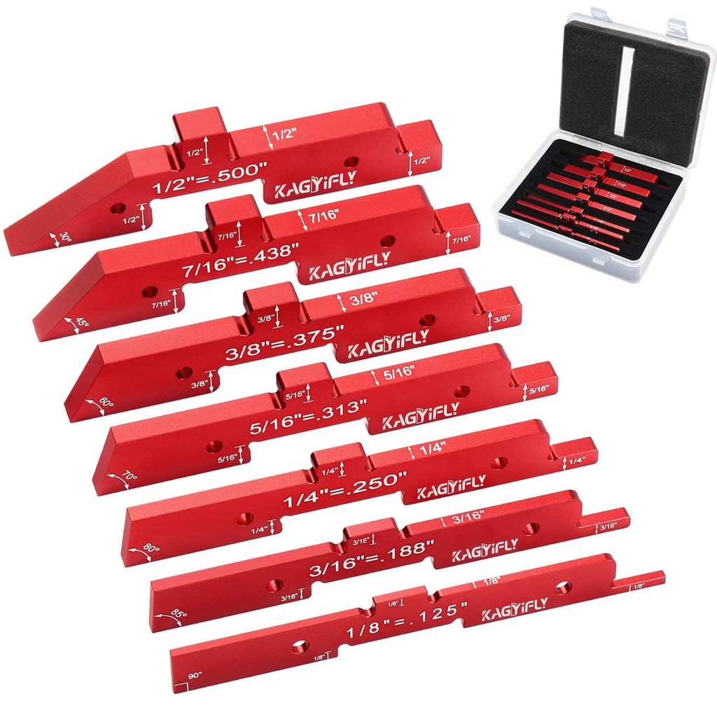 Red aluminum router setup bars kit with precision blocks in a black case