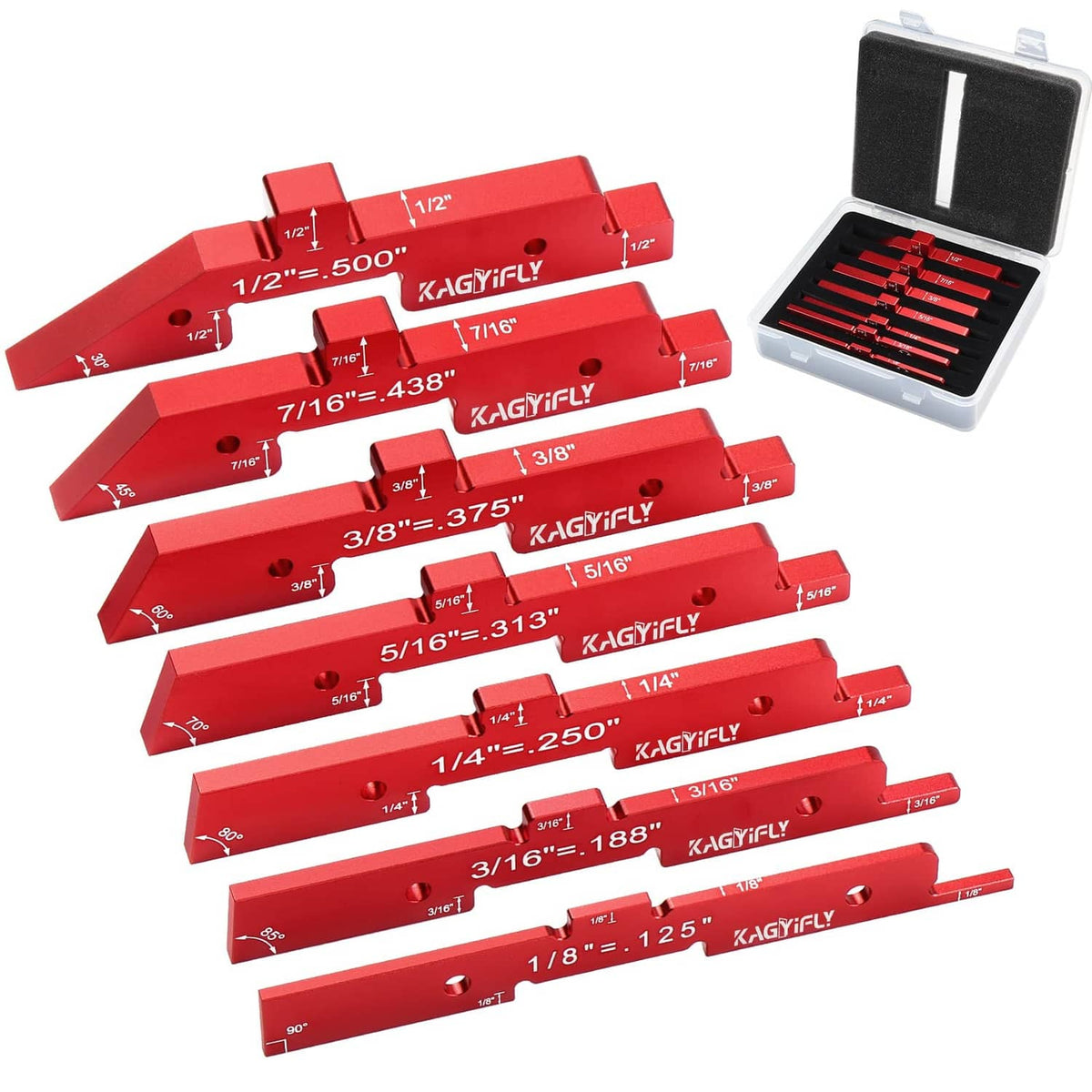 Red aluminum router setup bars kit with precision blocks in a black case