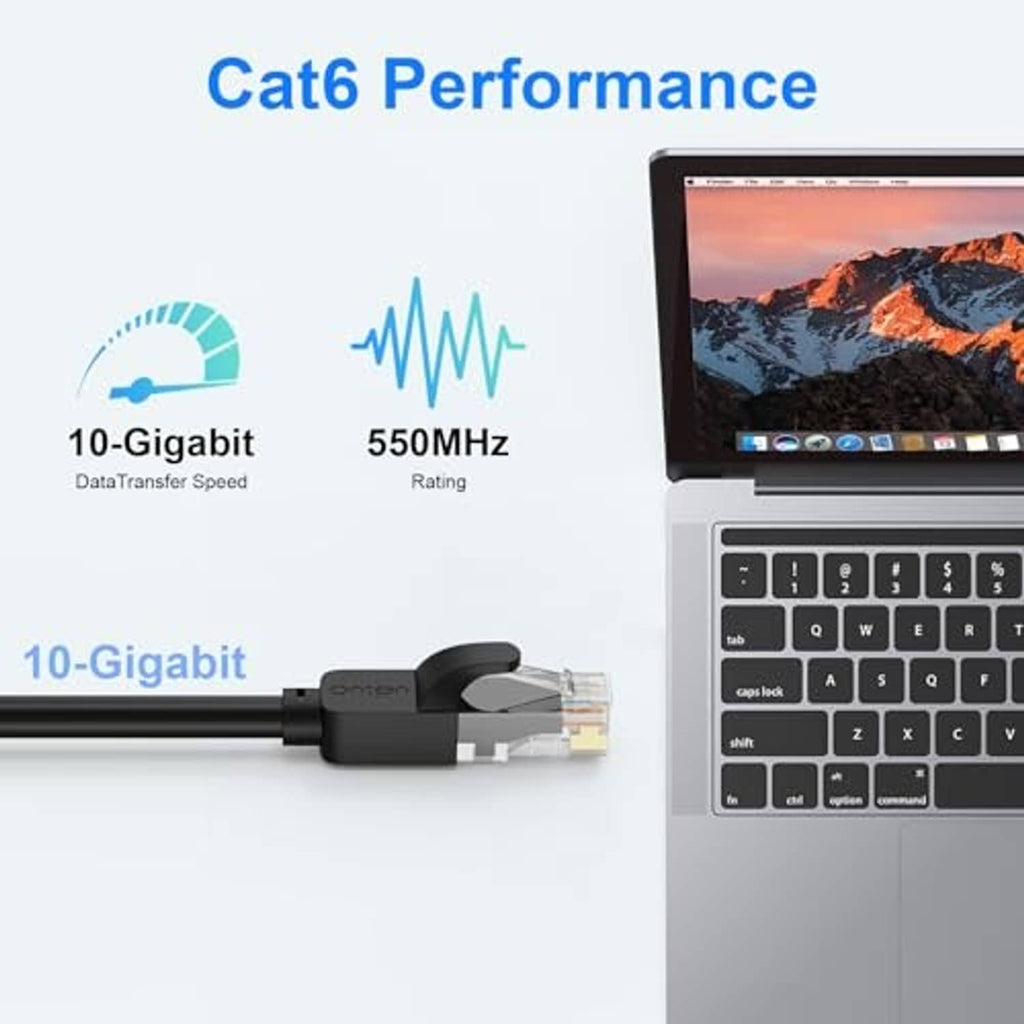 Black Ethernet cable with RJ45 connector attached to a laptop setup.